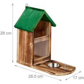 Relaxdays Eichhörnchen Futterhaus, Holz, Eichhörnchenfutterstation mit Maiskolbenhalter, Napf, Sitzplattform, Natur/grün, 1 Stück