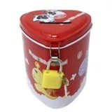 Spardose aus Metall in Herzform mit Tieren und Schloss, Spardose in lustiger Größe, für Jungen und Mädchen (rot, klein, 8 x 10 x 8 cm)