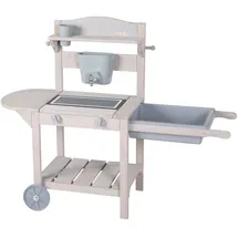 roba Mobile Matschküche BBQ aus Holz grau lasiert - Outdoor Spielküche ab 18 Monaten mit Rollen & Spielwanne - Multifunktional einsetzbar