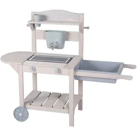 roba Mobile Matschküche BBQ aus Holz grau lasiert - Outdoor Spielküche ab 18 Monaten mit Rollen & Spielwanne - Multifunktional einsetzbar