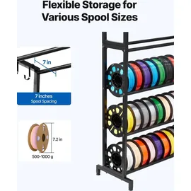 Vevor Filament Lagerregal für 3D-Drucker, 7 Ebenen, Filamentspulenhalter, 840 x 320 x 1650 mm, Tragkraft 54,4 kg pro Ebene, 3D-Druckerzubehör für 3D-Druckstudio, Werkstatt, Schwarz