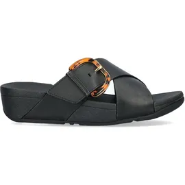 FitFlop Lulu Resin-Buckle Leather Cross Slides All Black Größe EU