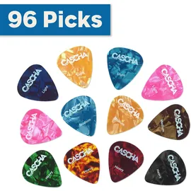 Cascha Guitar Picks 96er Set - Plektrum für Akustik-Gitarre E-Gitarre Ukulele Bass - hochwertige Plektren in 3 verschiedenen Stärken - aus abriebfestem Celluloid - Guitar Pick Set 96 Stück
