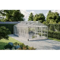 OUTFLEXX Flora Gewächshaus, silber, Aluminium, 550 x 250 x 210 cm, robust, korrosionsbeständig, witterungsbeständig, Spitzdach