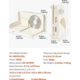 Vevor Allesschneider Fleischschneider 180 W elektrische Aufschnittmaschine mit 17 cm Klinge, Fleischschneidemaschine mit 0–15 mm einstellbarer Dicke, für gefrorenes Fleisch Schinken Prime Steak