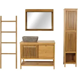 Mendler Teak-Badezimmer-Set HWC-M70, Waschtisch Hochschrank Wandspiegel Handtuchhalter Waschbecken, hochwertiges B-Grade-Teak