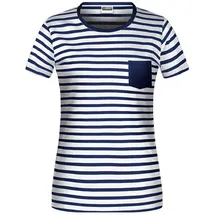 James & Nicholson T-Shirt Damen Kurzarm-Shirt mit Streifen und Brusttasche aus Baumwolle blau L