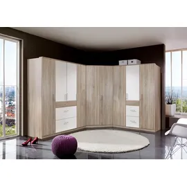 freiraum Kleiderschrank "Click" aus Spanplatte in Eiche-Sägerau-Nachbildung mit 3 Schubladen und 3 Türen. Abmessungen (B/H/T) 135x198x58 cm - Weiß