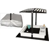 WONDERMAKE WONDERMAKE® Design Sandkasten mit Dach, Abdeckung OXFORD 420D, Vliesfolie, Sandkiste Holz quadratisch verschließbar Outdoor Garten für Kinder, schwarz weiß