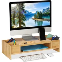 Relaxdays Soporte Monitor Bambú Monitorständer Bambus, Bildschirmerhöhung mit Fächern,