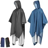 TOATELU 2 Stück Outdoor Regenponcho, Regenponcho Damen und Herren, Wasserdichter 3 in 1 Regencape, Wiederverwendbarer Regenmantel, Tragbarer Regenponcho für Wandern, Picknick, Camping(Schwarz+Blau) - Einheitsgröße Große Größen