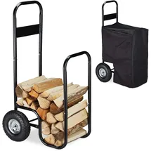 Relaxdays Kaminholzwagen Metall 109 x 58 x 51 cm inkl. Wetterschutz-Plane Schwarz