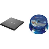 Verbatim Externer Slimline Blu-ray-Writer, USB 3.0-Anschluss, Blu-ray-Player, Kompakter externer Blu-ray-Brenner für große Backups, inkl. 25er Spindel Datalife Blu-ray 25GB