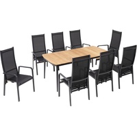 OUTFLEXX Sitzgruppe, anthrazit matt, Alu/Teak/Textil, 184x100 cm, 8 Sessel, verstellbare Rückenlehne