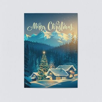 Private Weihnachtskarten (5 Karten) selbst gestalten, Winterliches Bergdorf - Blau