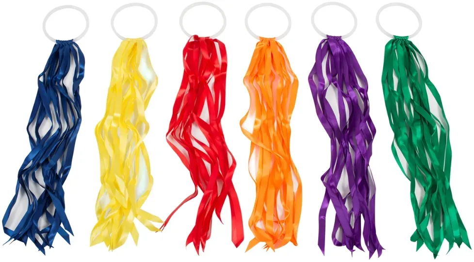 Tanzringe mit Bändern Set 6 Stück - Holzringe, bunte Stoffbänder, je Ø14 cm - Spordas - Für Bewegungsspiele, Motorik