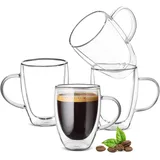 Doppelwandige Kaffeegläser 4er Set 350ml, Teegläser Kaffeegläser Latte Macchiato Tassen, Espressotassen mit Griff, Espresso Gläser, Hitzebeständige Kaffeetassen Trinkgläser aus Borosilikat-Glas