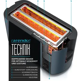 Arendo 4-Scheiben-Toaster mit Restzeitanzeige, Langschlitz-Toaster, Auftaufunktion, 6 Stufen, Blau
