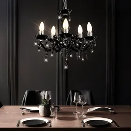 GLOBO Kronleuchter 5 Flammig schwarz Hängeleuchte Esstischlampe Esszimmer Hängelampe Kristalle, Kristallbehang, Chrom, 5x E14, DxH 44x128 cm