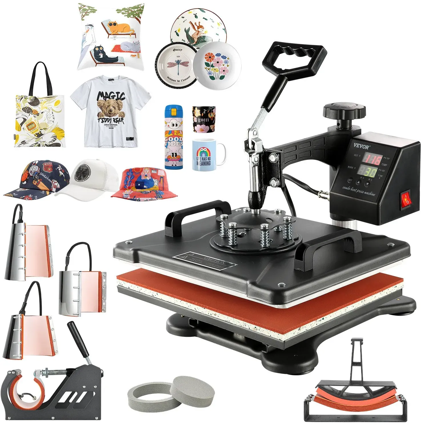 VEVOR Transferpresse 8 in 1 Heißpresse Maschine 38 x 30 cm T-Shirt Presse Maschine Hitzepresse Maschine DIY Heißpresse mit Digitaler LED-Temperatur-