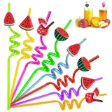FainFun Strohhalm Bunt Plastik Wiederverwendbar, 8 Lustige Strohhalme Kinder Sommer, Party Trinkhalme, Lockige Strohhalme für Partys(Wassermelone)