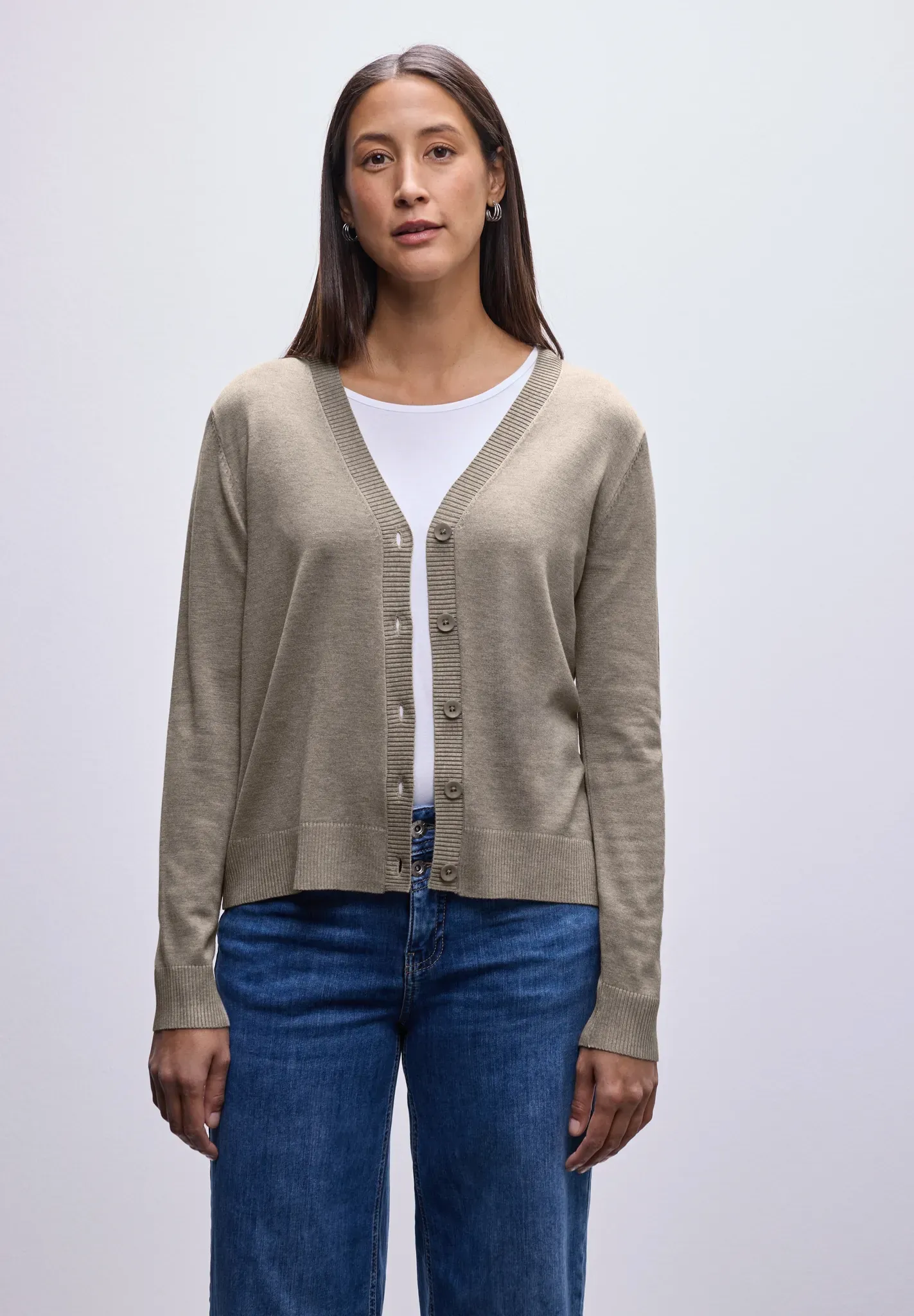 Strickjacke STREET ONE, Herren, Gr. 46, mocha dream meliert, Stoff, Obermaterial: 86% Viskose, 14% Polyester, unifarben, comfort fit normal, V-Ausschnitt, Bündchen, Strickjacken Strickjacke, mit Rippstrickdetails