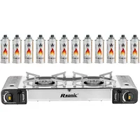 Mianova Campingkocher Doppel Gaskocher 2 flammiger Shisha Anzünder Grill Notfallkocher Kühltasche Gaskartuschen Gas Kocher Set Silber 12 Gasflaschen