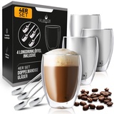 Latte Macchiato Gläser mit Löffel im Set Borosilikatglas 350ml - Doppelwandige Kaffee Cappuccino Gläser - Thermogläser doppelwandig - Teegläser Gläser Set - Espresso Tassen coffee (Latte Macchiato)