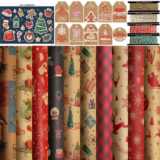 FullJoyHut Geschenkpapier weihnachten Set, 10 Blatt Kraft Recyceltes Weihnachtspapier 70x50CM, 10 Geschenkanhänger, 4 Rollen Packseil Juteband Rollen Jute Schnur Metallisch für Geschenkverpackung