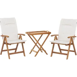 Beliani Balkonset Hellbraun Akazienholz 2-Sitzer klappbar verstellbar Auflagen Cremeweiß rechteckiger Tisch Rustikal Landhaus Stil Outdoor - Braun/Weiß
