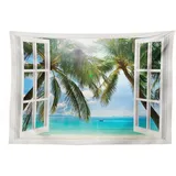 ABAKUHAUS Tropisch Wandteppich, Fenster zum exotischen Strand aus Weiches Mikrofaser Stoff Waschbar ohne Verblassen Digitaldruck, 150 x 110 cm,Braun Aqua