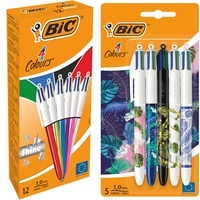 BIC 4 Farben Kugelschreiber Set 4 Colours Shine in verschiedenen Farben, 12er Pack & 4 Farben Kugelschreiber Set 4 Colours, Dekor Botantik -verschiedene Designs, 5er Pack
