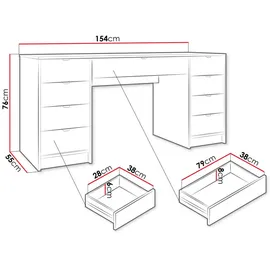 Mirjan24 Schreibtisch und Schminktisch Tireno Bis Schlafzimmer Kosmetiktisch mit neun Schubladen, Rechteckig,Rechteckig, 154x76x55 cm, Arbeitszimmer, Schreibtische, Bürotische