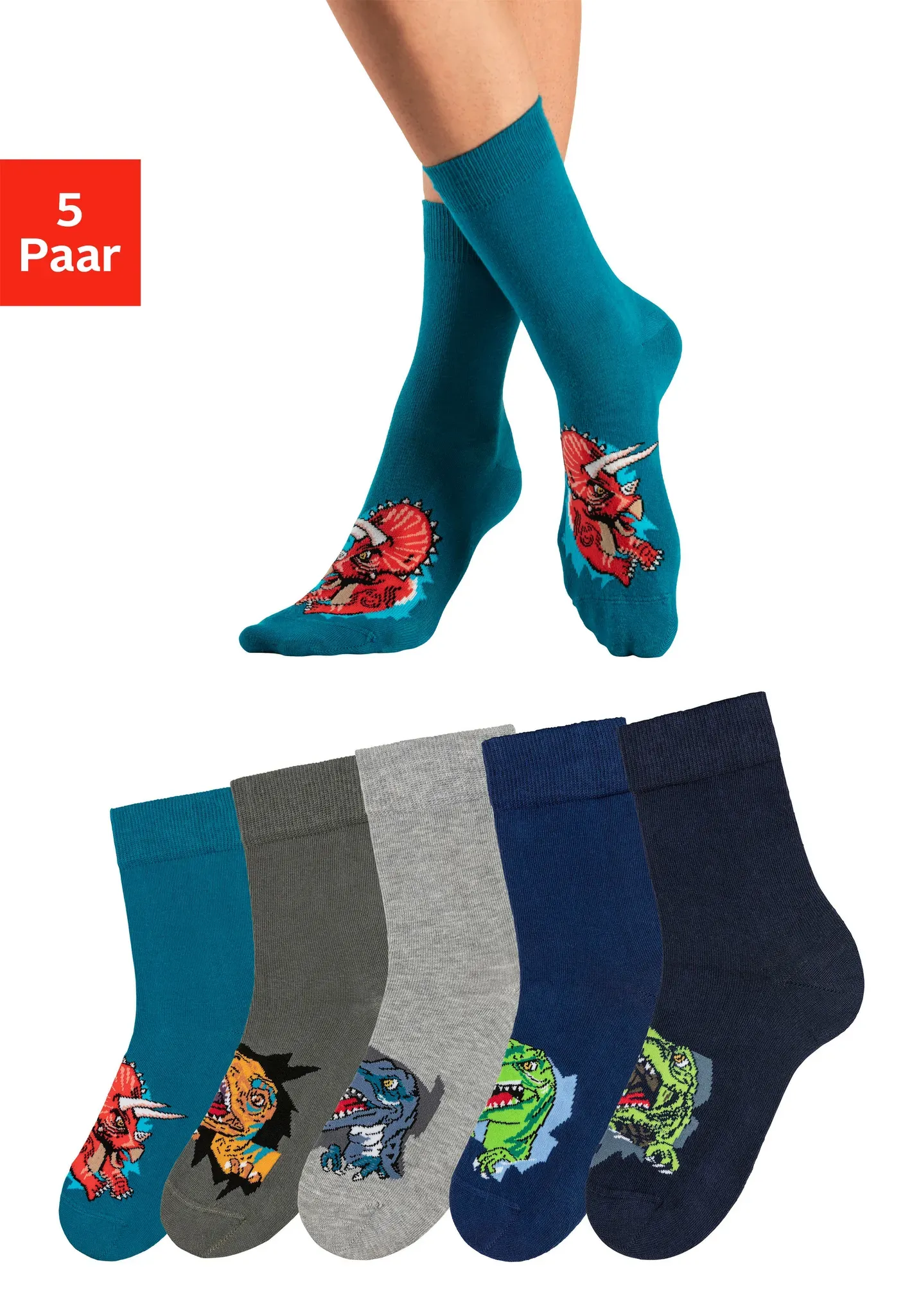 Socken H.I.S, Mädchen, Gr. 39-42, bunt (1x navy, 1x petrol, 1x khaki, 1x hellgrau, melange, 1x blau), Baumwollmischung, gemustert, Socken Socken, mit Dinosauriermotiven