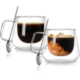 CNNIK Espressotassen Glas Latte Macchiato Gläser Set Cappuccino Tassen Gläser Thermogläser Doppelwandige Kaffeegläser Schöne Espresso Gläser 2er Set 220ml Cappuccinotassen mit Löffel, Untersetzer