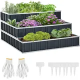 Outsunny Hochbeet aus Stahl 3-stufige Gartenbeet mit T-Form-Pflanzenschilder Handschuhe Pflanzenbeet Kräuterbeet Blumentreppe für Balkon Garten Dunkelgrau 118 x 118 x 62 cm