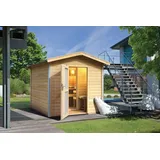 Woodfeeling Karibu Bosse 1 - 38 mm Gartensauna mit Vorraum und Satteldach-Ohne Ofen-Milchglas-Saunatür (blickdicht) inkl. 8-teiligem gratis Zubehörpaket (Gesamtwert 191,92€)