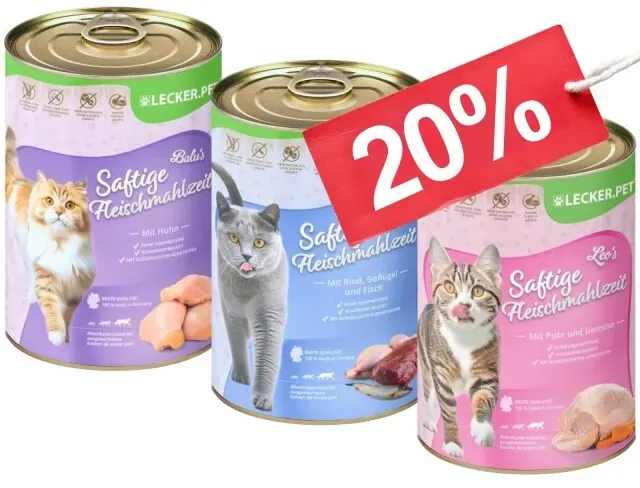 18 x 400 g Lecker.Pet® Balu's, Emily's & Leo's Saftige Fleischmahlzeit Katzenfutter Nassfutter Mix Vollnahrung - je Sorte 6 Dosen