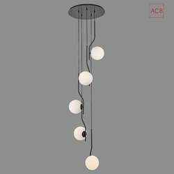 ACB Pendelleuchte MAUI, 5-flammig, Kugel: Ø 18,0 cm, 5 x E27 LED, 75W, IP20, IK00, schwarz/opal ACB-C816352N
