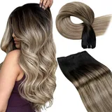LaaVoo Echthaar Tressen Haarverlängerungen Ombre Echthaar Tressen zum Einnähen Natürlichen Schwarz bis Karamellblond mit Blond Remy Tressen Echthaar Doppelten Schuss 40cm 100G