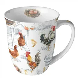 Tasse 10cm Porzellan mit Hühner Motiv - 0,4L Keramiktasse Porzellangeschirr Kaffeetasse Teetasse Kakaotasse Bauernhof Tiere Farm Landhaus Weiß Braun