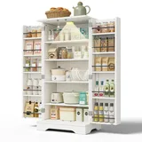 Merax Küchenschrank, Vorratsschrank mit LED, Buffetschrank mit 3D-Wellenmuster-Türe, Verstellbare Einlegeböden und Gewürzregal, Vorratsschrank, für Esszimmer, Wohnzimmer, Küche, 60x40x120,5cm (Weiß)
