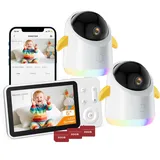 Avylet Babyphone mit 2 Kameras und APP 2K/5,0 Zoll WLAN Babyfon mit Split-Screen PTZ 360° 4× Zoom IR-Nachtsicht Automatische Verfolgung mit 2*Halterung & Grau