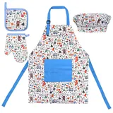 Chstarina Kinderschürze Baumwolle,Verstellbare Kochschürze Kochmütze Kochhandschuhe Küchenschürze Kinderschürze Malschürze Kinder Kochschürze Kinder Malkittel Kinder Backset zum Küche Kochen Backen - 70*40cm