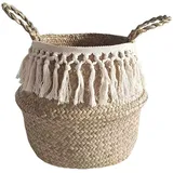 Urisgo Stroh gewebte Wäschekorb, Fischkorb Picknickkorb Spielzeugkasten, Faltbare Seegras Bauch Korb,Aufbewahrungstasche natürlicher Blumentopf Strohkorb für Lagerung, Wäsche