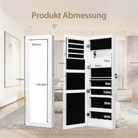 Costway Schmuckschrank mit Ganzkörperspiegel für Ringe 120 cm Weiß