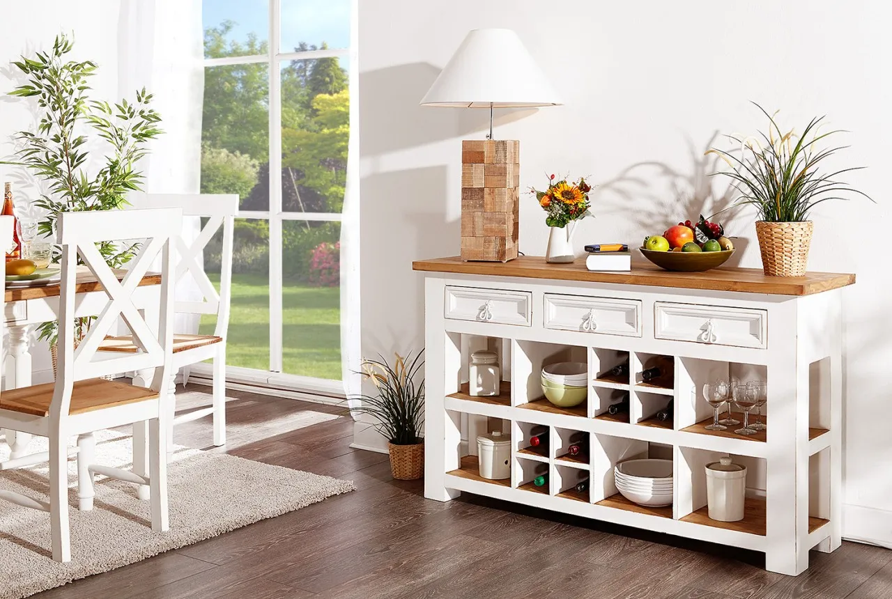 Landhausstil Wandtisch Anrichte Sideboard MEXICO Weiß / Honig, Pinie massiv, weiss lackiert