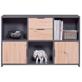 Interlink Kommode Tristan 2T2S anthrazit/braun - B 120 cm H 77 cm T 30 cm - Anthrazit / Eiche Artisan-Optik - 2 Türen - 2 Schubkästen - 3 offene Fächer