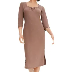 Damen schlichtes Sommer-Kleid mit 3/4 Ärmeln Frühlings-Kleid mit Raffungen Midi-Kleid 936967 Braun - 36/38