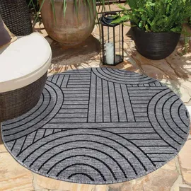 Carpet City Outdoor Teppich Wetterfest 160 cm Rund - Grau-Anthrazit - Wendeteppich, Beidseitiges Geometrisches Muster - Balkonteppich Wasserfest Outdoor - Terrassenteppich